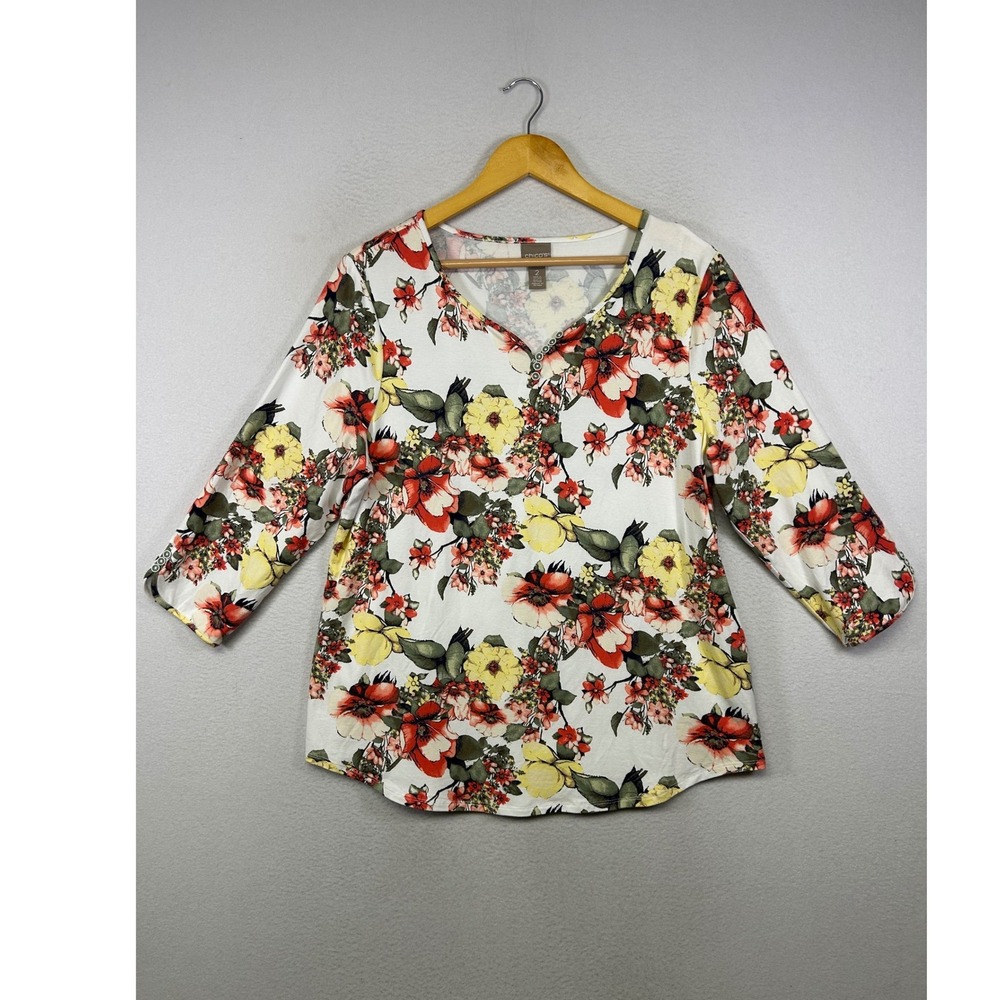Cottagecore Chicos Women Large White Floral 3/4 Sleeve V-Neck Button Top